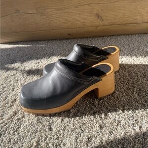 MIA Black Leather Clogs with Wooden Heel